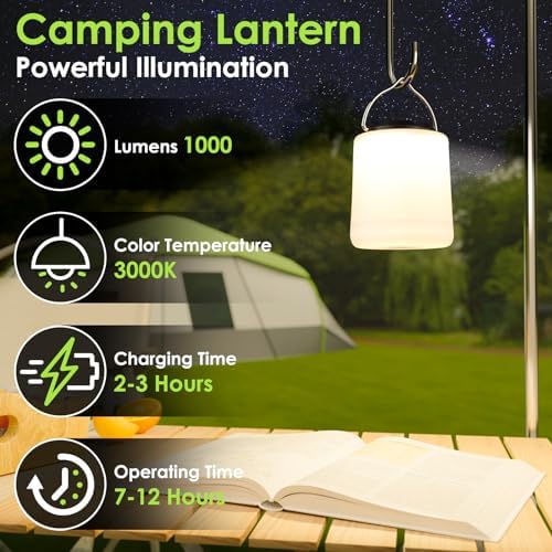 LED Camping Lantern, Rechargeable Camping Light, 4 Modes Outdoor Flashlights Lanterns with 1000LM, Water Resistant Portable Emergency Camp Light for Hurricane Hiking Survival Kits - Black - Image 3
