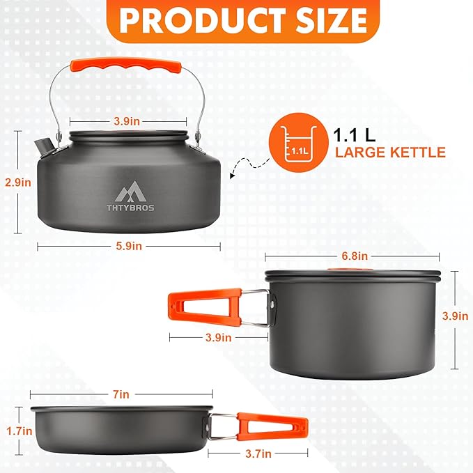 17pcs Camping Cookware Kit, 0.45Gal Pot, 7inches Pan,0.30Gal Kettle Set with 2 Set Stainless Steel Cups Plates Forks Knives Spoons for Hiking - Image 3